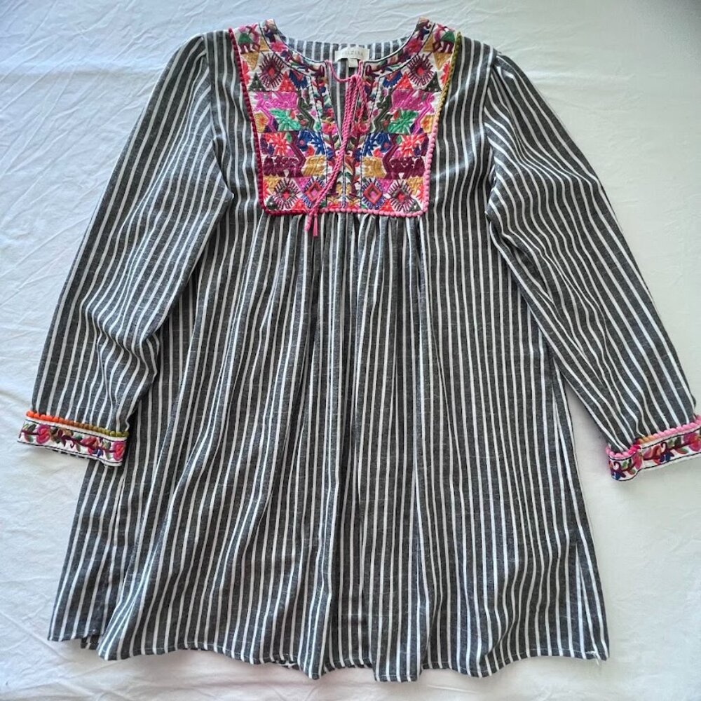Velzera Women's Tunic Top Gray Multicolor Tassels SizeS Embroidered BOHO